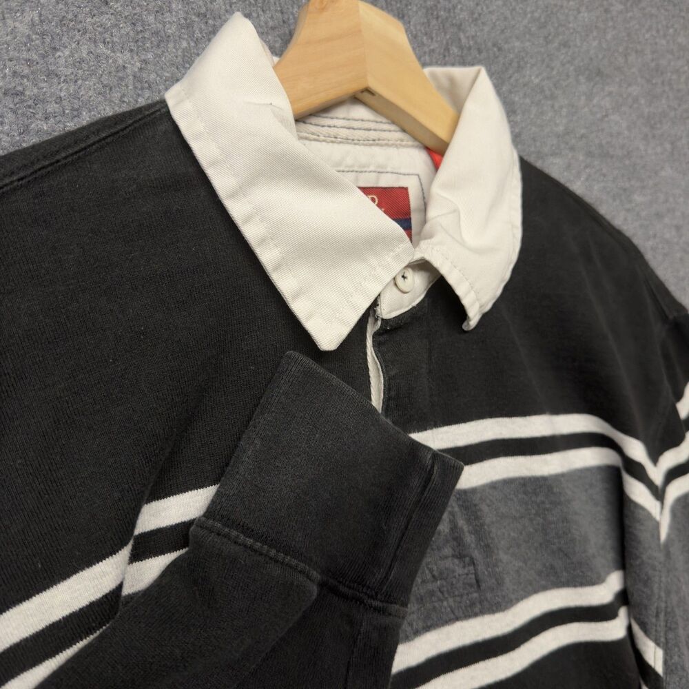 IZOD Luxury Sport Field House Rugby Polo Shirt Mens M Black Stripe Long Sleeve